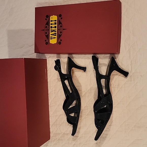 Vaneli Sparkle Navy 9.5 Narrow Kitten Heel Strappy Dress - Picture 11 of 12